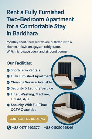 Rent a Fully Furnished Two-Bedroom Apartment for a Comfortable Stay in Baridhara